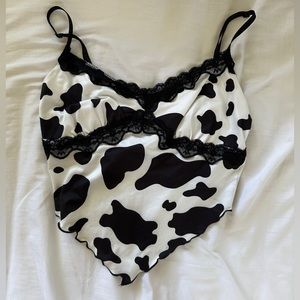 Cow print asymmetric lace crop top size M. Y2K